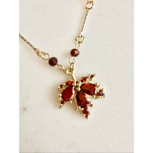 Bright Orange fall Maple leaf dangle cubic zirconia beaded necklace - Picture 5 of 6